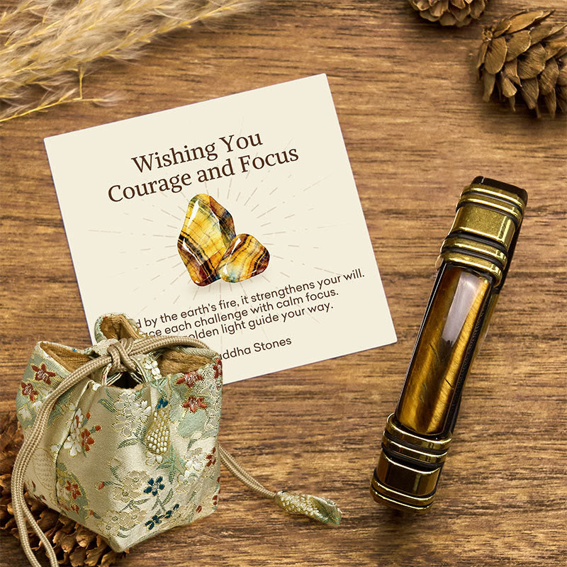 Buddha Stones Wishing You Courage and Focus Tiger Eye Leather Bracelet Includes Gift Message Card