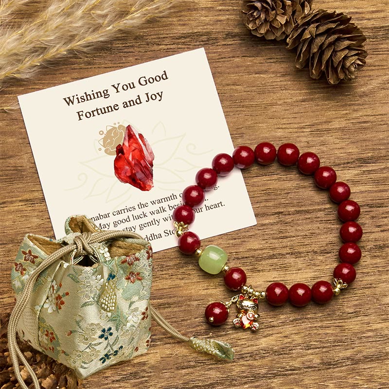 Buddha Stones Wishing You Good Fortune and Joy Cat Cinnabar Bracelet Includes Gift Message Card