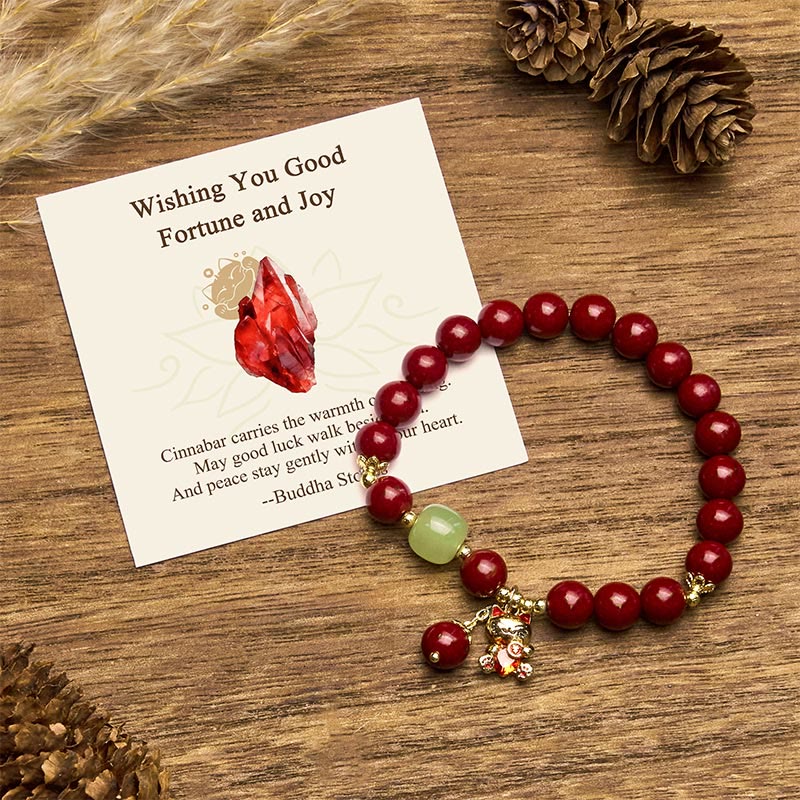 Buddha Stones Wishing You Good Fortune and Joy Cat Cinnabar Bracelet Includes Gift Message Card