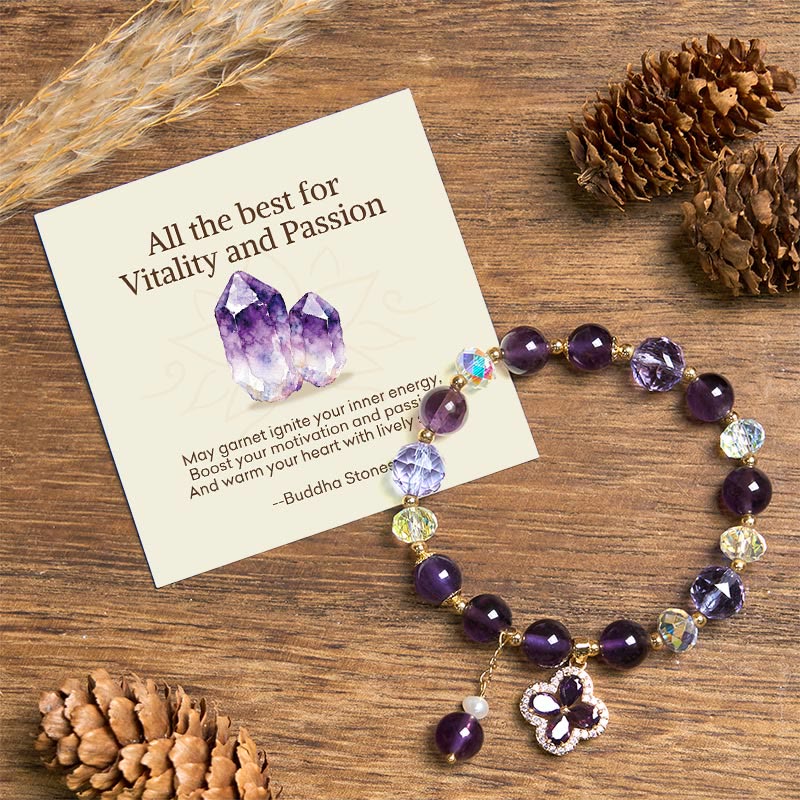 Buddha Stones All the best for Calm and Wisdom Amethyst Flower Bracelet Includes Gift Message Card