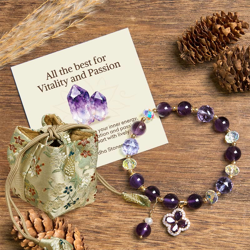 Buddha Stones All the best for Calm and Wisdom Amethyst Flower Bracelet Includes Gift Message Card