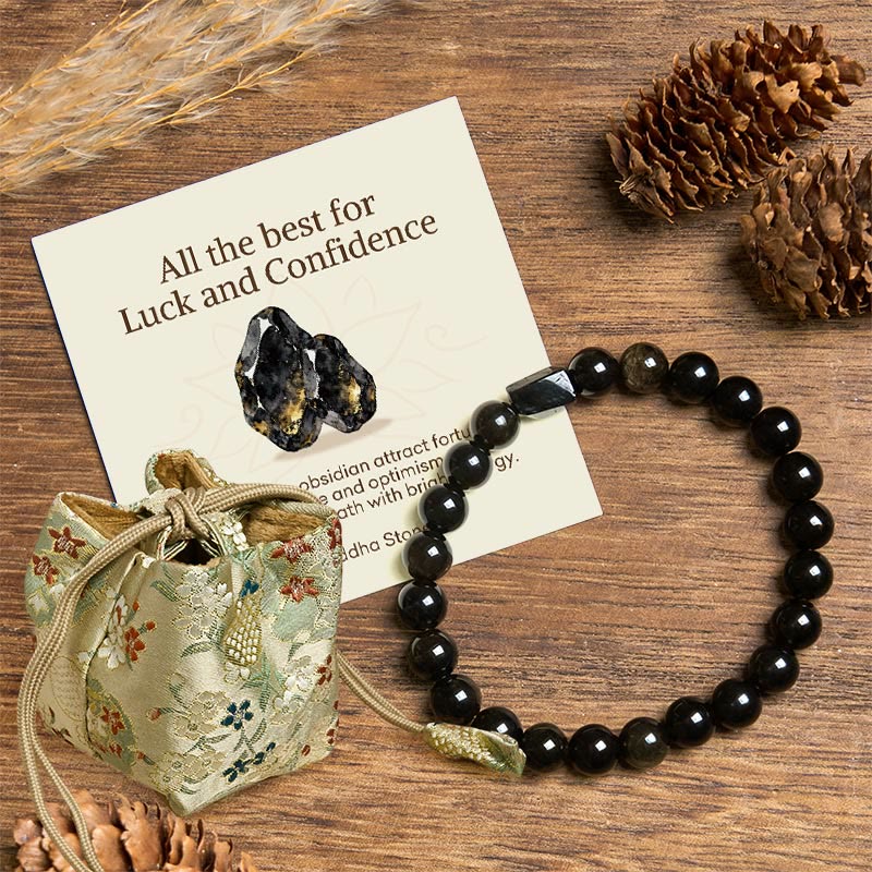 Buddha Stones All the best for Luck and Confidence Obsidian Bracelet Includes Gift Message Card