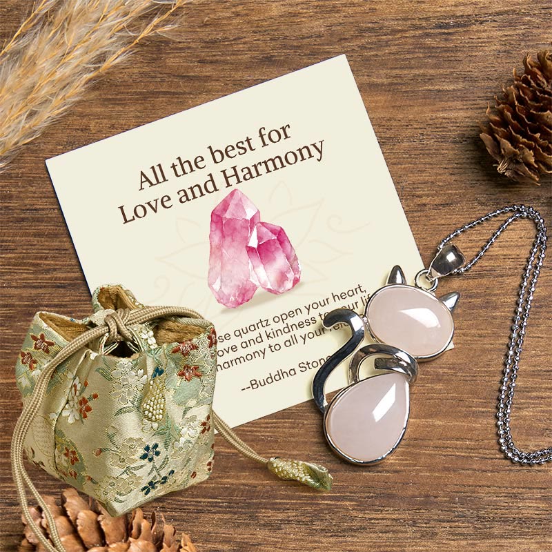 Buddha Stones Wishing You Love and Kindness Cat Rose Quartz Necklace Includes Gift Message Card