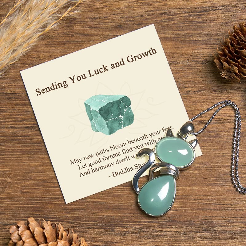 Buddha Stones Sending You Luck and Growth Cat Green Aventurine Necklace Includes Gift Message Card