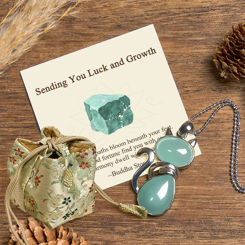 Buddha Stones Sending You Luck and Growth Cat Green Aventurine Necklace Includes Gift Message Card