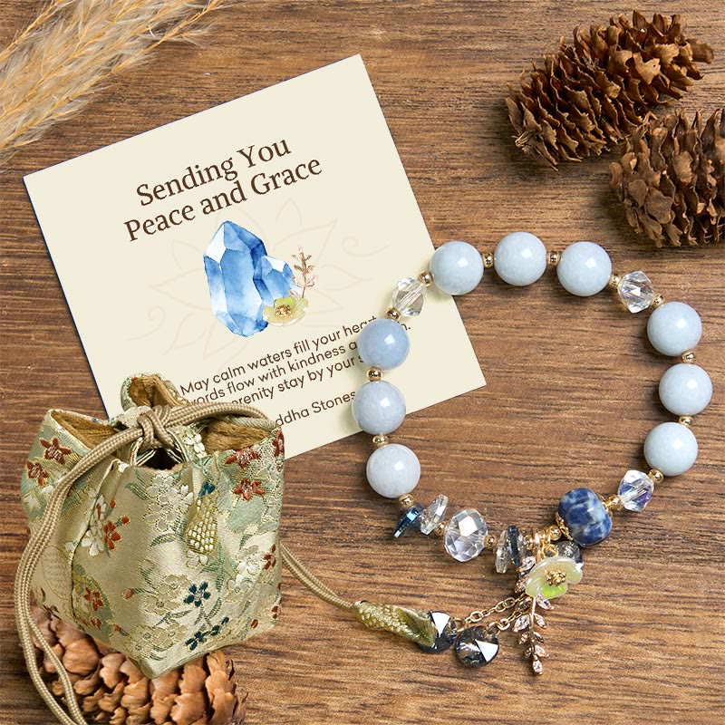 Buddha Stones Sending You Peace and Grace Blue Crystal Flower Bracelet Includes Gift Message Card