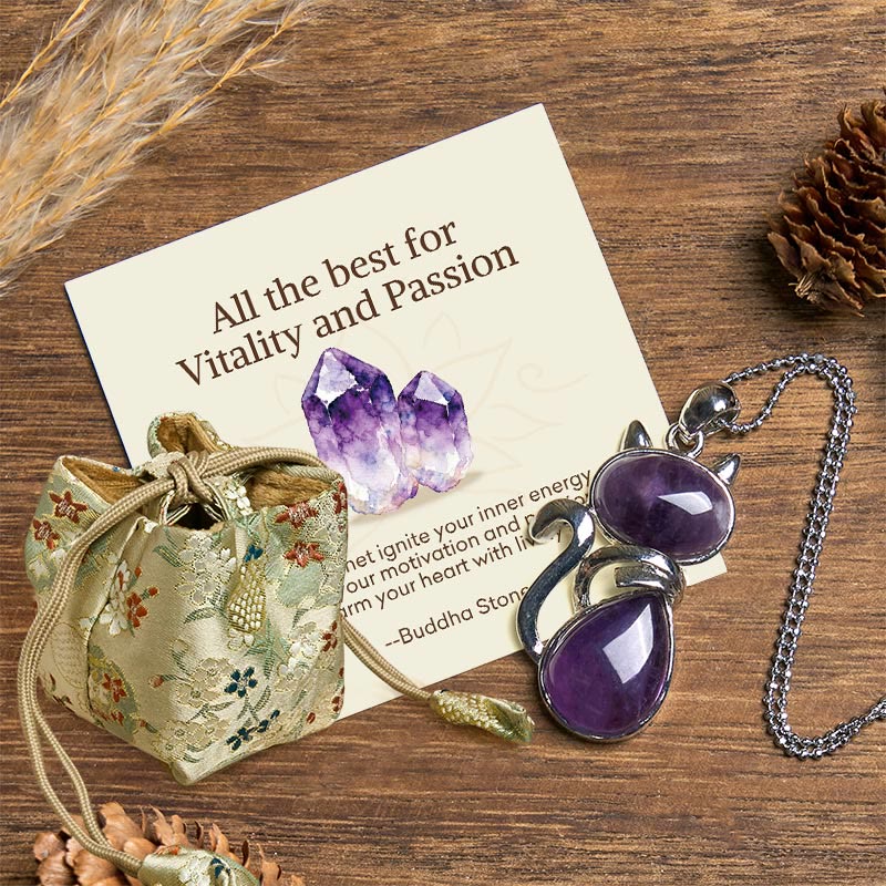 Buddha Stones All the best for Calm and Wisdom Cat Amethyst Necklace Includes Gift Message Card