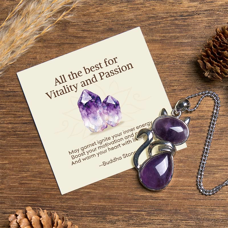 Buddha Stones All the best for Calm and Wisdom Cat Amethyst Necklace Includes Gift Message Card