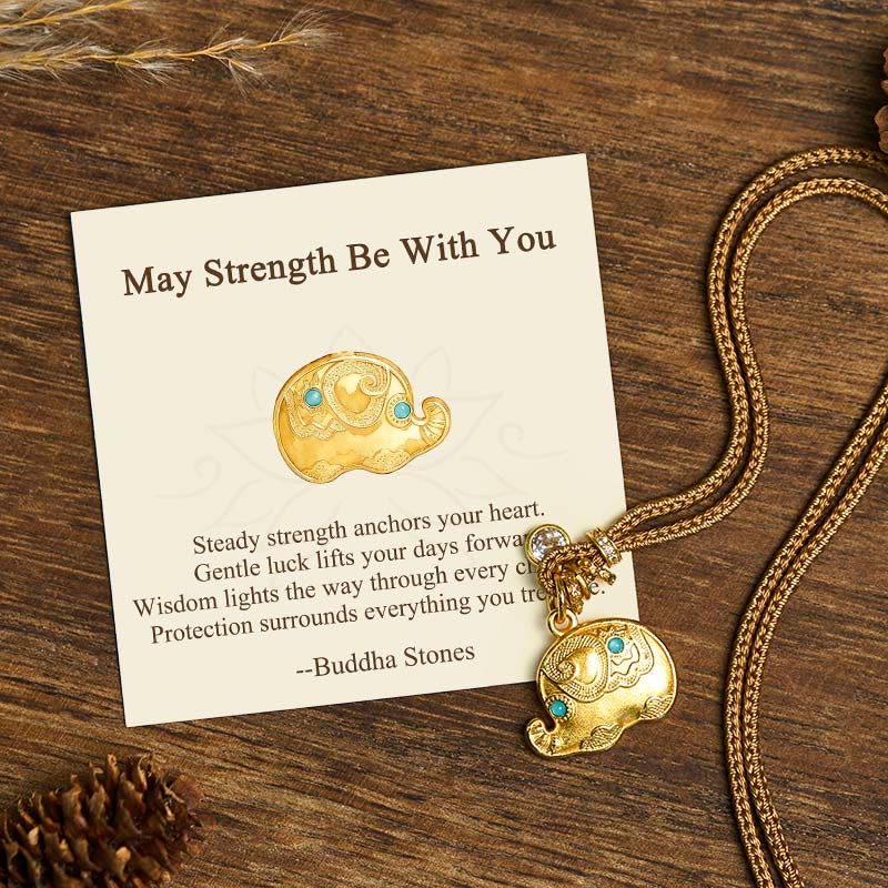 Buddha Stones May Strength Be With You 24k Gold Plated Brass Elephant Necklace Includes Gift Message Card