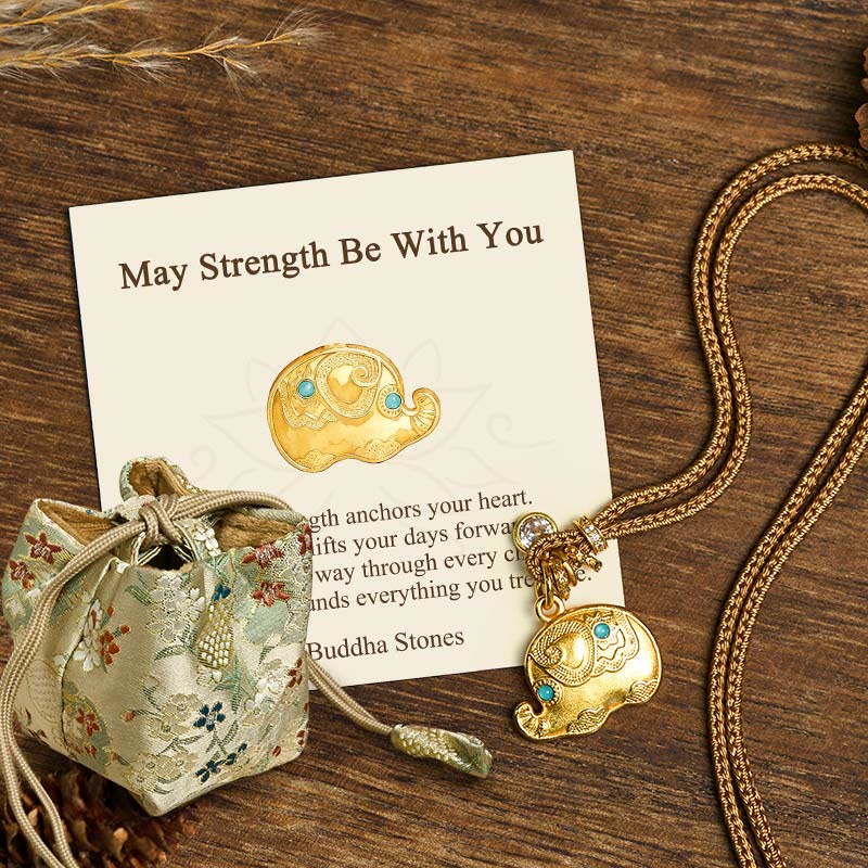 Buddha Stones May Strength Be With You 24k Gold Plated Brass Elephant Necklace Includes Gift Message Card