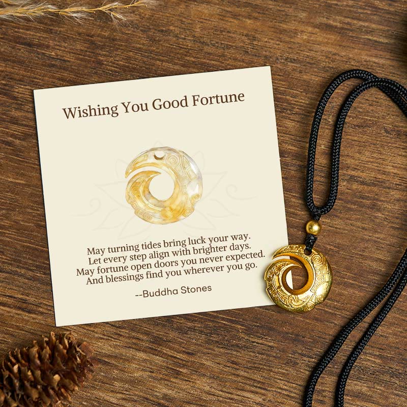 Buddha Stones Wishing You Good Fortune 24k Gold Plated Brass Peace Buckle Black Rope Necklace Includes Gift Message Card
