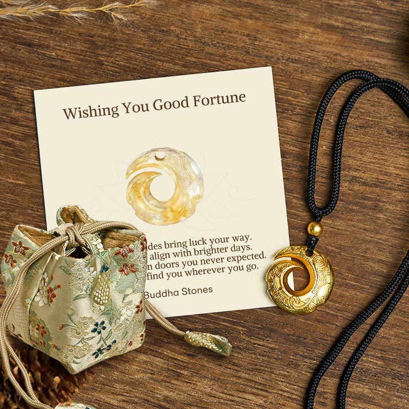 Buddha Stones Wishing You Good Fortune 24k Gold Plated Brass Peace Buckle Black Rope Necklace Includes Gift Message Card