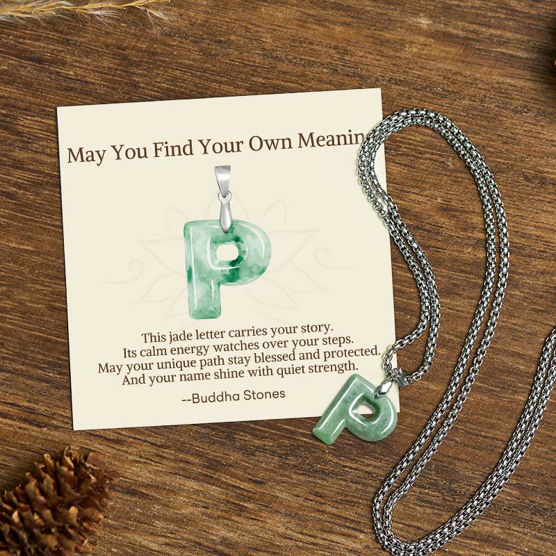Buddha Stones May You Find Your Own Meaning Natural A-Z Letter Jade Titanium Steel Chain Necklace Includes Gift Message Card
