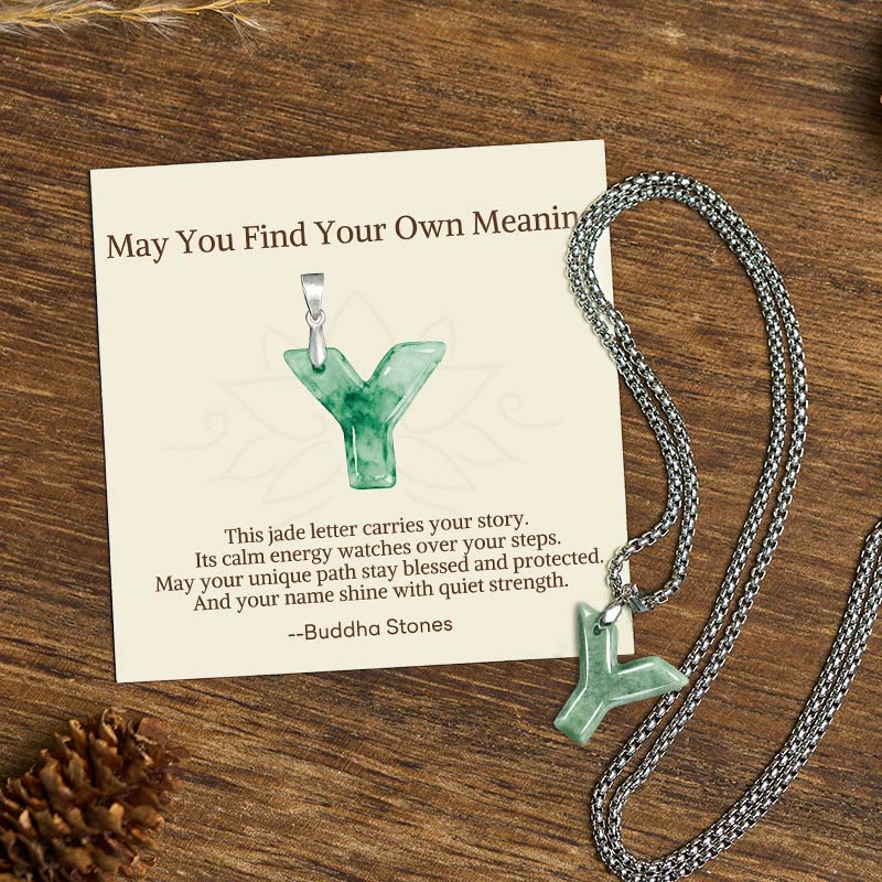 Buddha Stones May You Find Your Own Meaning Natural A-Z Letter Jade Titanium Steel Chain Necklace Includes Gift Message Card