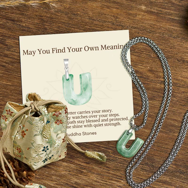 Buddha Stones May You Find Your Own Meaning Natural A-Z Letter Jade Titanium Steel Chain Necklace Includes Gift Message Card