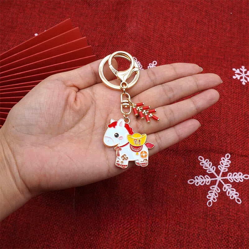 Buddha Stones Hoping You Have a Joyful Year Year of the Horse Ingot Red Firecrackers Alloy Key Chain Includes Gift Message Card