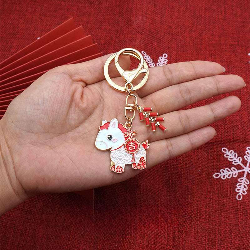 Buddha Stones Hoping You Have a Joyful Year Year of the Horse Ingot Red Firecrackers Alloy Key Chain Includes Gift Message Card
