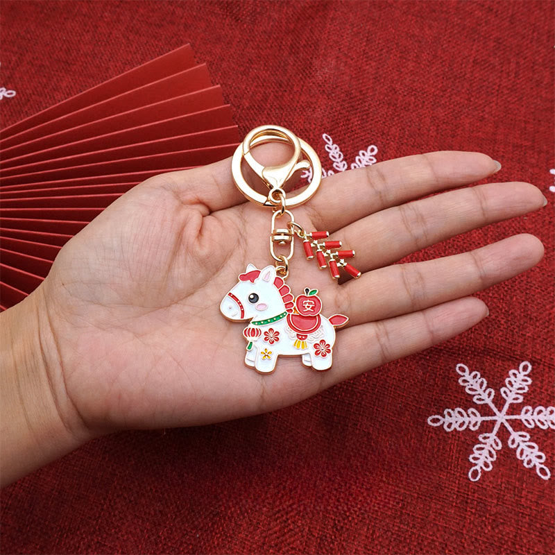 Buddha Stones Hoping You Have a Joyful Year Year of the Horse Ingot Red Firecrackers Alloy Key Chain Includes Gift Message Card
