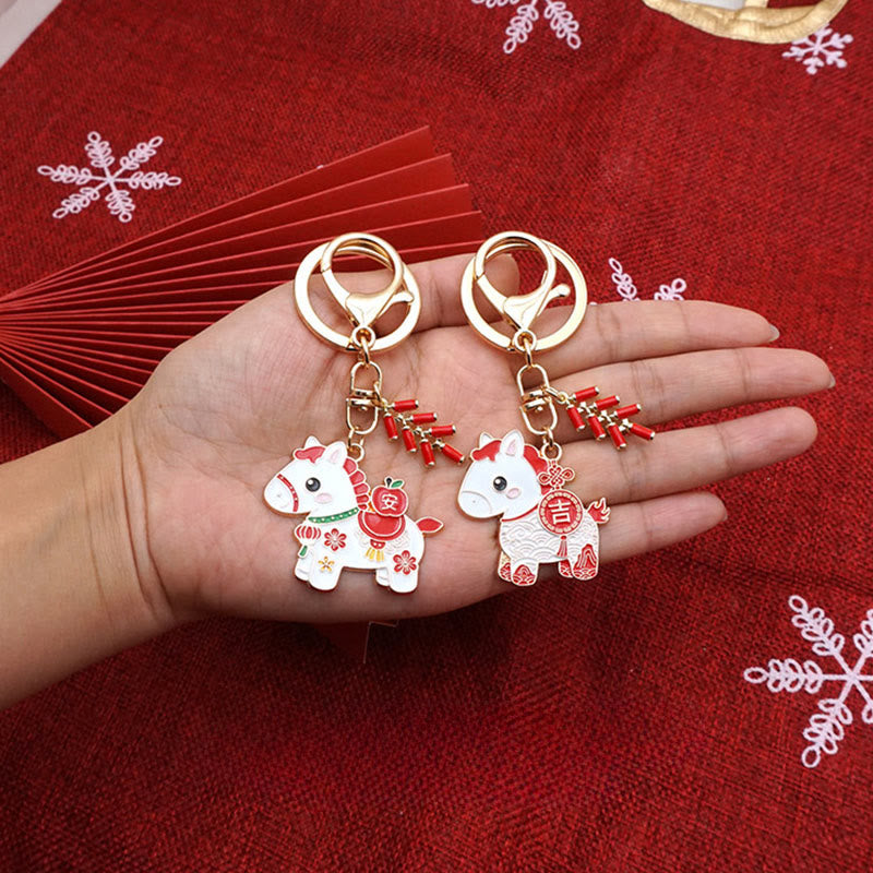 Buddha Stones Hoping You Have a Joyful Year Year of the Horse Ingot Red Firecrackers Alloy Key Chain Includes Gift Message Card