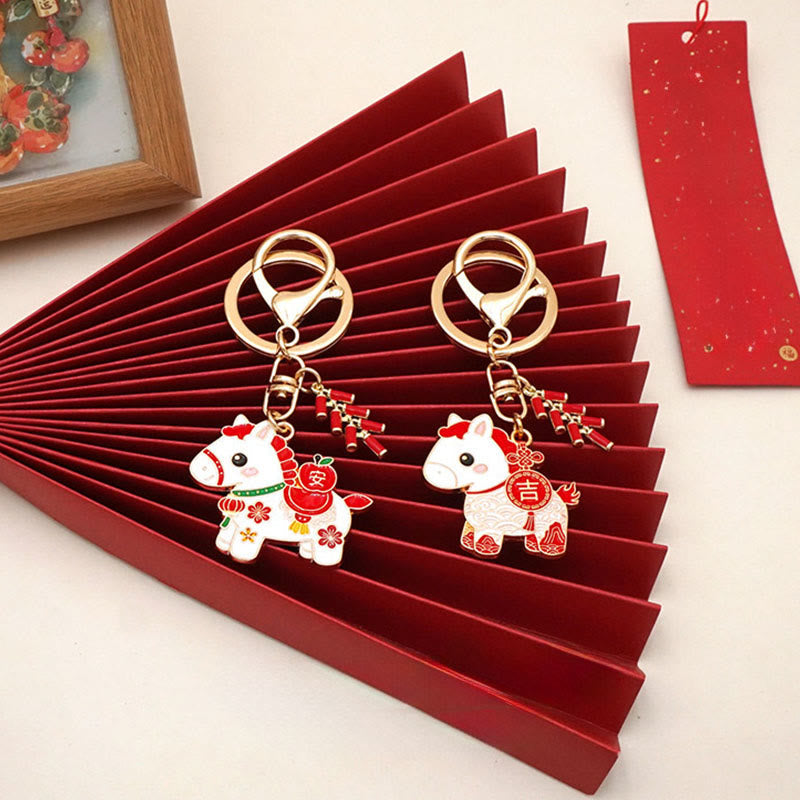 Buddha Stones Hoping You Have a Joyful Year Year of the Horse Ingot Red Firecrackers Alloy Key Chain Includes Gift Message Card