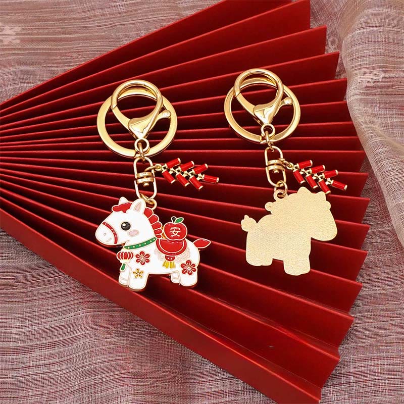 Buddha Stones Hoping You Have a Joyful Year Year of the Horse Ingot Red Firecrackers Alloy Key Chain Includes Gift Message Card