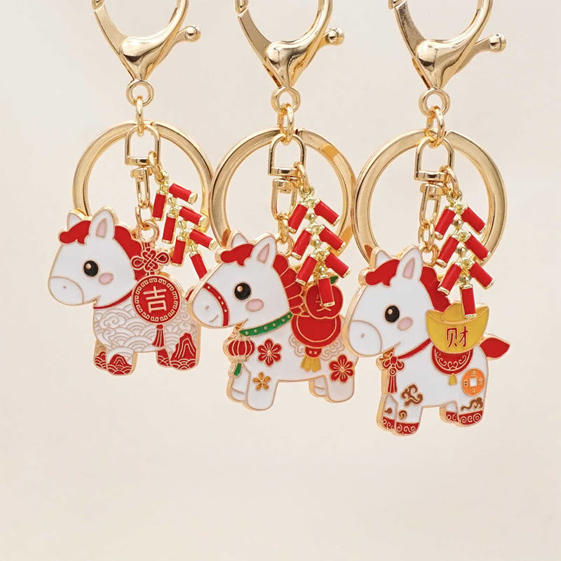 Buddha Stones Hoping You Have a Joyful Year Year of the Horse Ingot Red Firecrackers Alloy Key Chain Includes Gift Message Card