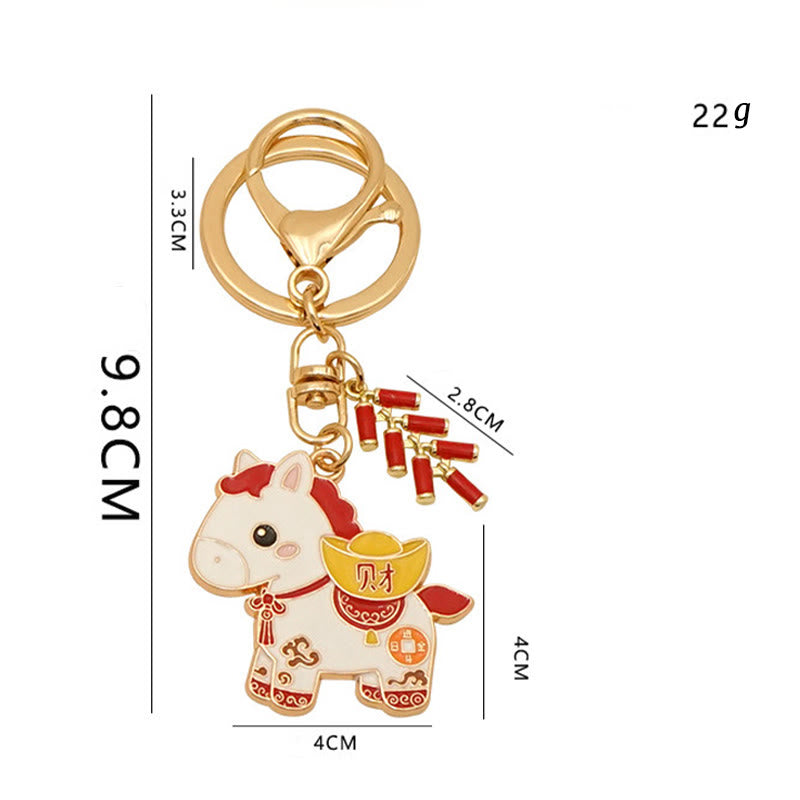 Buddha Stones Hoping You Have a Joyful Year Year of the Horse Ingot Red Firecrackers Alloy Key Chain Includes Gift Message Card
