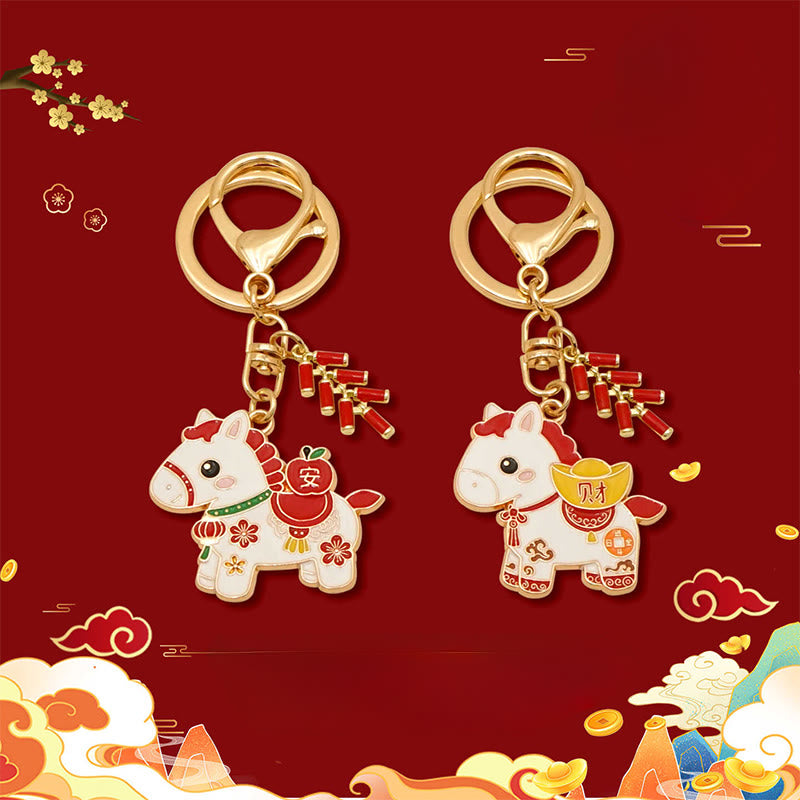 Buddha Stones Hoping You Have a Joyful Year Year of the Horse Ingot Red Firecrackers Alloy Key Chain Includes Gift Message Card