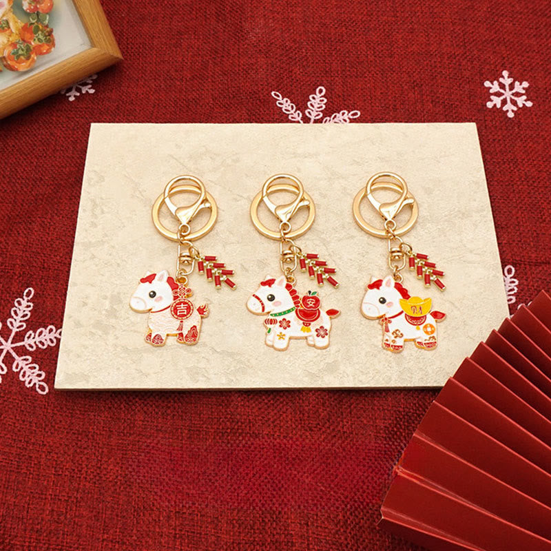 Buddha Stones Hoping You Have a Joyful Year Year of the Horse Ingot Red Firecrackers Alloy Key Chain Includes Gift Message Card