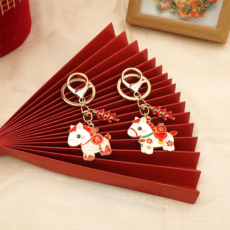 Buddha Stones Hoping You Have a Joyful Year Year of the Horse Ingot Red Firecrackers Alloy Key Chain Includes Gift Message Card