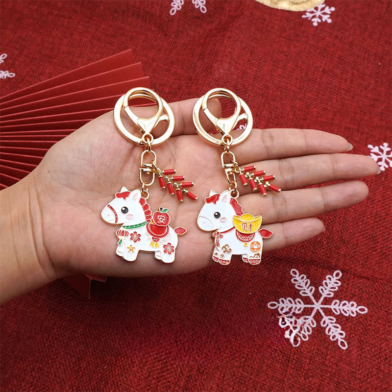 Buddha Stones Hoping You Have a Joyful Year Year of the Horse Ingot Red Firecrackers Alloy Key Chain Includes Gift Message Card
