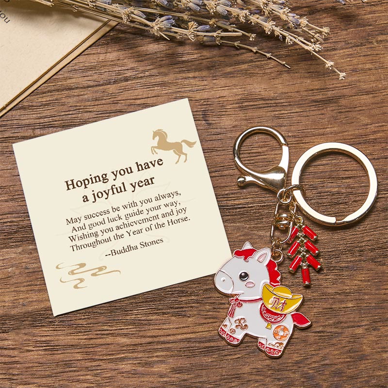 Buddha Stones Hoping You Have a Joyful Year Year of the Horse Ingot Red Firecrackers Alloy Key Chain Includes Gift Message Card