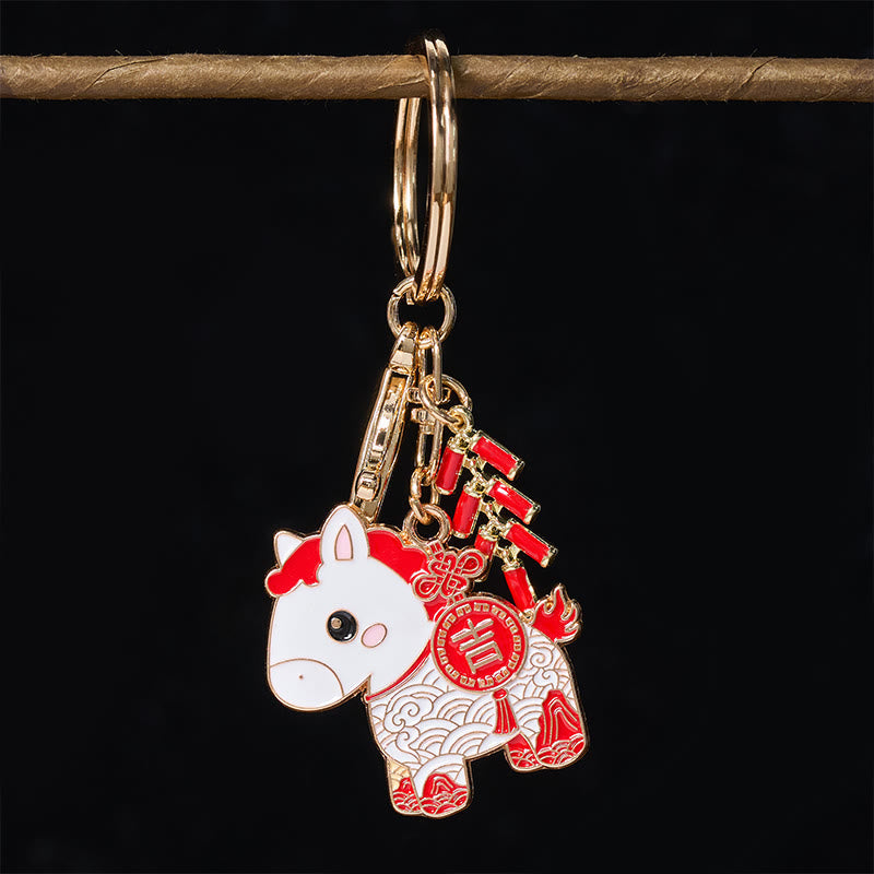 Buddha Stones Hoping You Have a Joyful Year Year of the Horse Ingot Red Firecrackers Alloy Key Chain Includes Gift Message Card