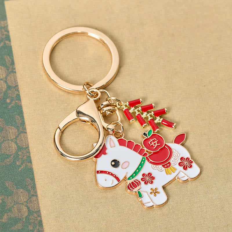 Buddha Stones Hoping You Have a Joyful Year Year of the Horse Ingot Red Firecrackers Alloy Key Chain Includes Gift Message Card
