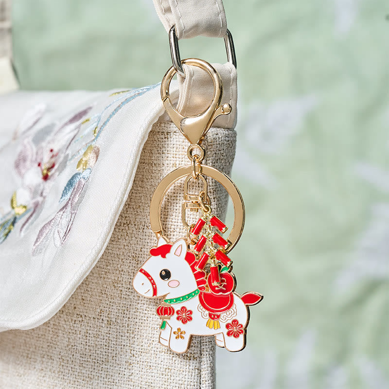 Buddha Stones Hoping You Have a Joyful Year Year of the Horse Ingot Red Firecrackers Alloy Key Chain Includes Gift Message Card