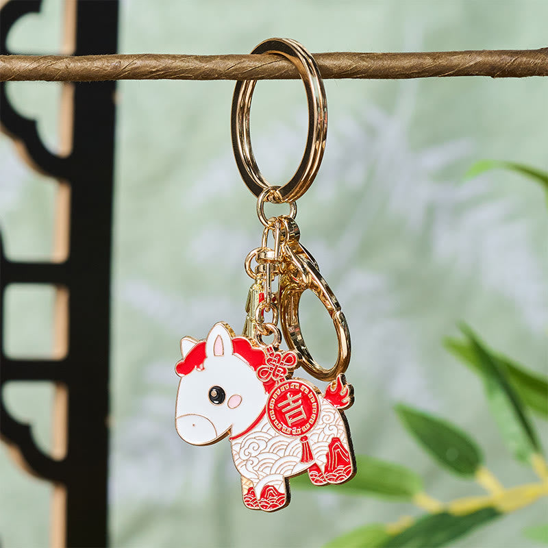 Buddha Stones Hoping You Have a Joyful Year Year of the Horse Ingot Red Firecrackers Alloy Key Chain Includes Gift Message Card