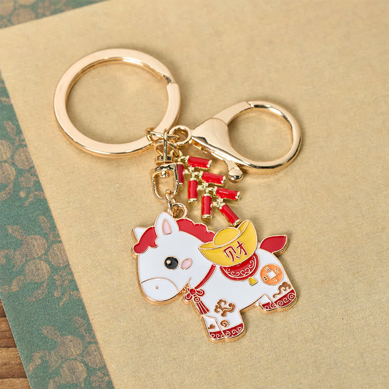Buddha Stones Hoping You Have a Joyful Year Year of the Horse Ingot Red Firecrackers Alloy Key Chain Includes Gift Message Card