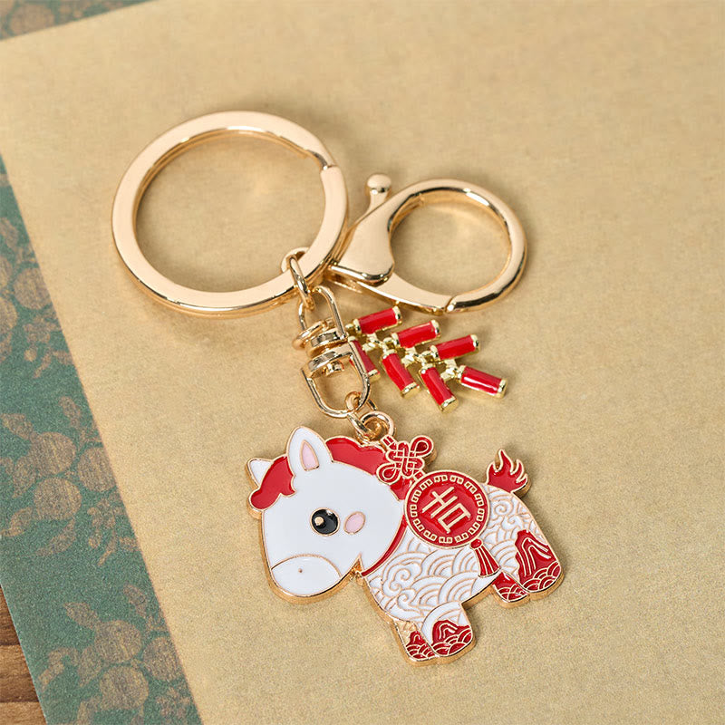Buddha Stones Hoping You Have a Joyful Year Year of the Horse Ingot Red Firecrackers Alloy Key Chain Includes Gift Message Card