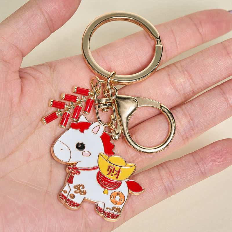 Buddha Stones Hoping You Have a Joyful Year Year of the Horse Ingot Red Firecrackers Alloy Key Chain Includes Gift Message Card
