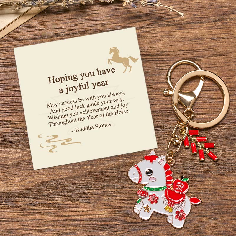 Buddha Stones Hoping You Have a Joyful Year Year of the Horse Ingot Red Firecrackers Alloy Key Chain Includes Gift Message Card