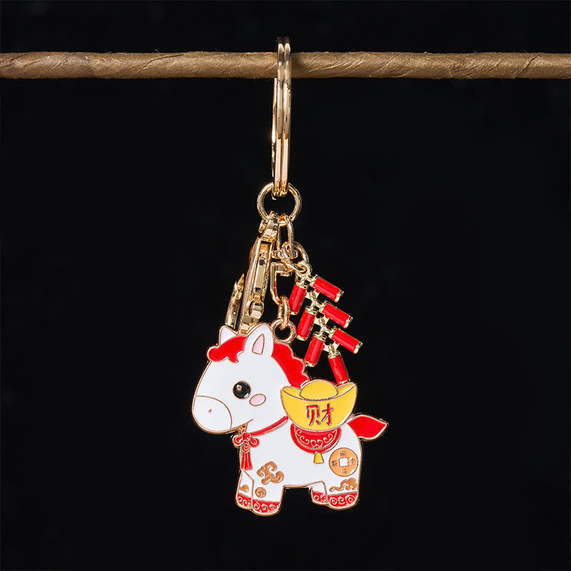 Buddha Stones Hoping You Have a Joyful Year Year of the Horse Ingot Red Firecrackers Alloy Key Chain Includes Gift Message Card