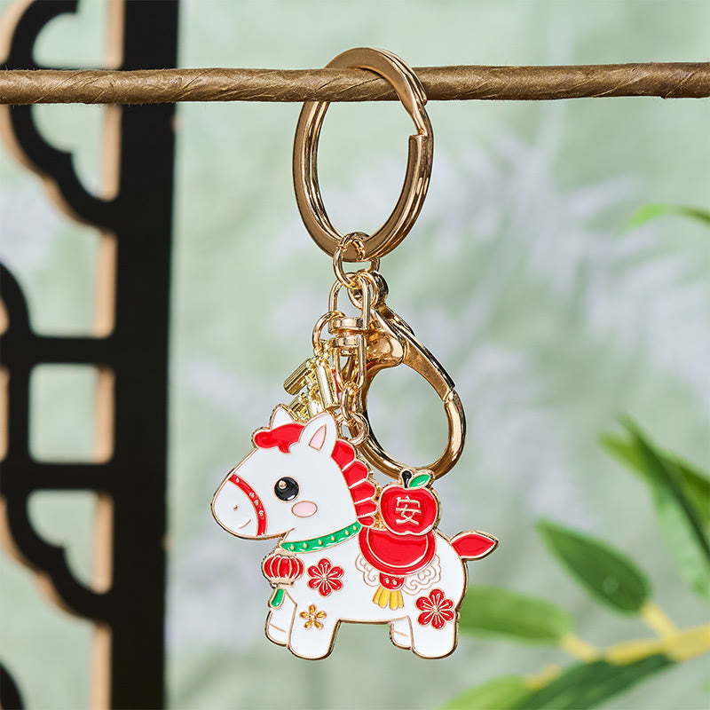 Buddha Stones Hoping You Have a Joyful Year Year of the Horse Ingot Red Firecrackers Alloy Key Chain Includes Gift Message Card