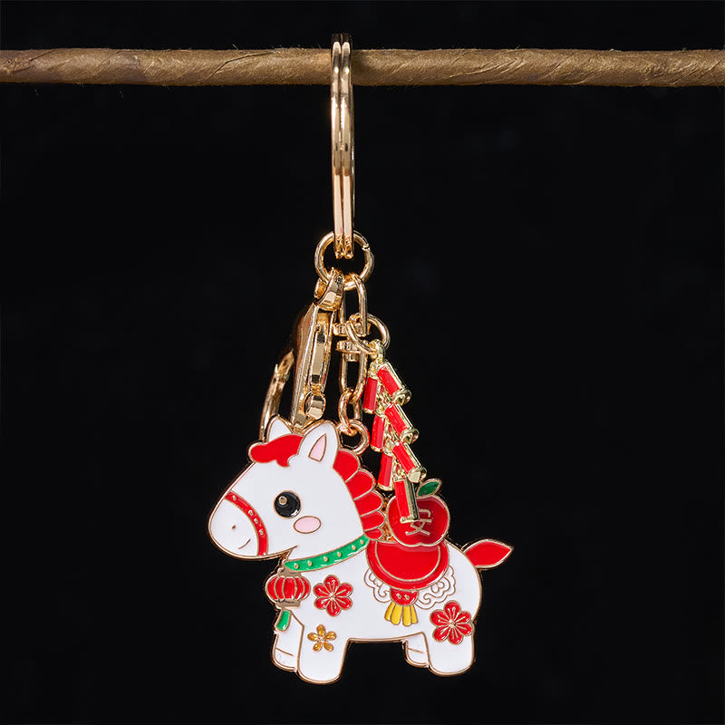 Buddha Stones Hoping You Have a Joyful Year Year of the Horse Ingot Red Firecrackers Alloy Key Chain Includes Gift Message Card