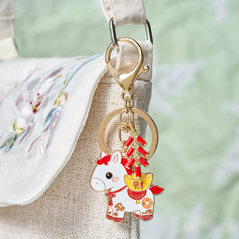 Buddha Stones Hoping You Have a Joyful Year Year of the Horse Ingot Red Firecrackers Alloy Key Chain Includes Gift Message Card