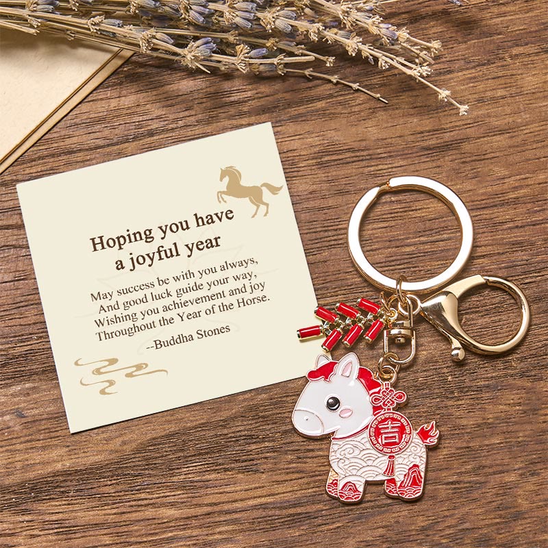 Buddha Stones Hoping You Have a Joyful Year Year of the Horse Ingot Red Firecrackers Alloy Key Chain Includes Gift Message Card