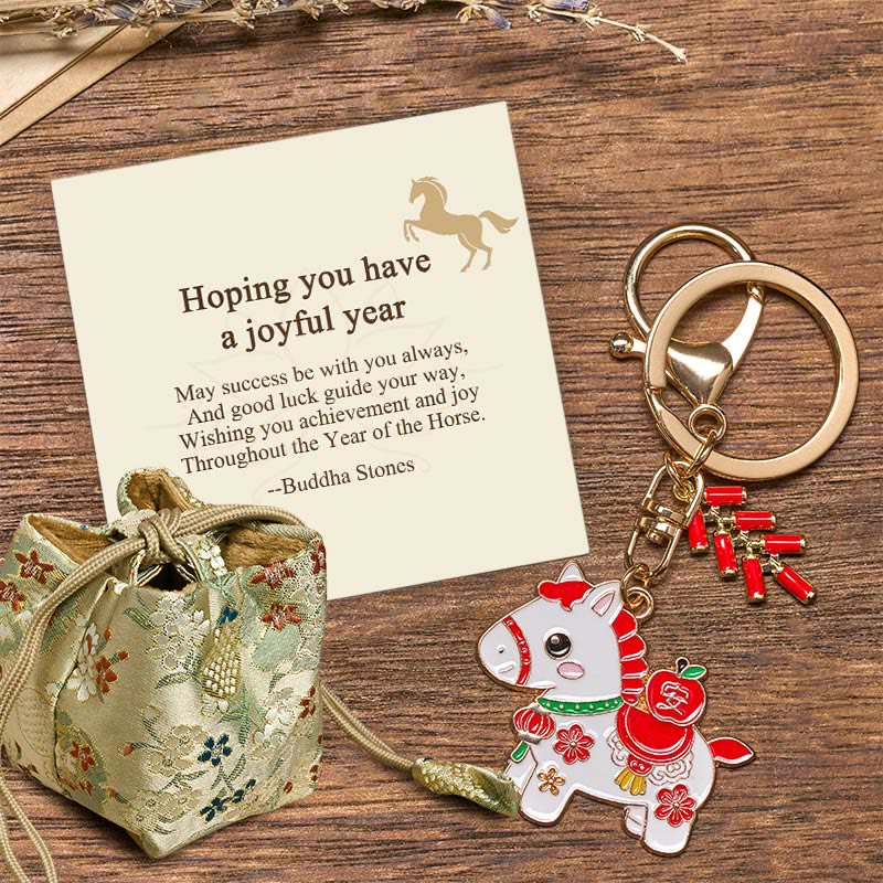 Buddha Stones Hoping You Have a Joyful Year Year of the Horse Ingot Red Firecrackers Alloy Key Chain Includes Gift Message Card