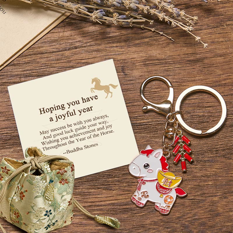 Buddha Stones Hoping You Have a Joyful Year Year of the Horse Ingot Red Firecrackers Alloy Key Chain Includes Gift Message Card