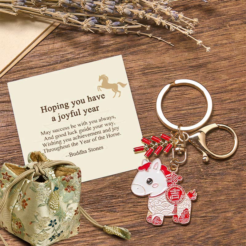 Buddha Stones Hoping You Have a Joyful Year Year of the Horse Ingot Red Firecrackers Alloy Key Chain Includes Gift Message Card