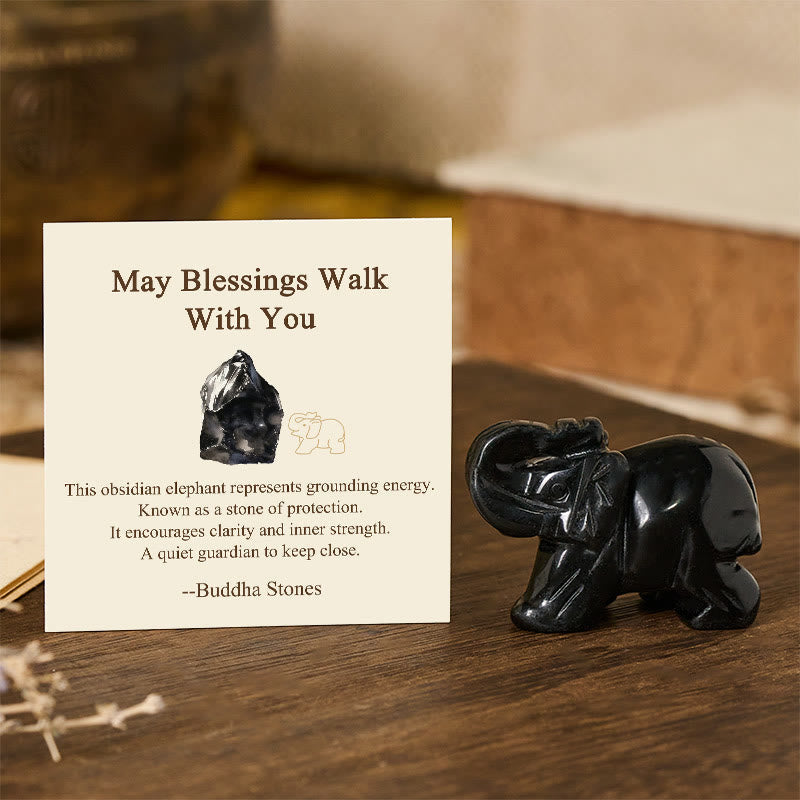 Buddha Stones ''May Blessings Walk With You'' Natural Small Elephant Amazonite Amethyst Jade Black Obsidian Stone Decoration Includes Gift Message Card