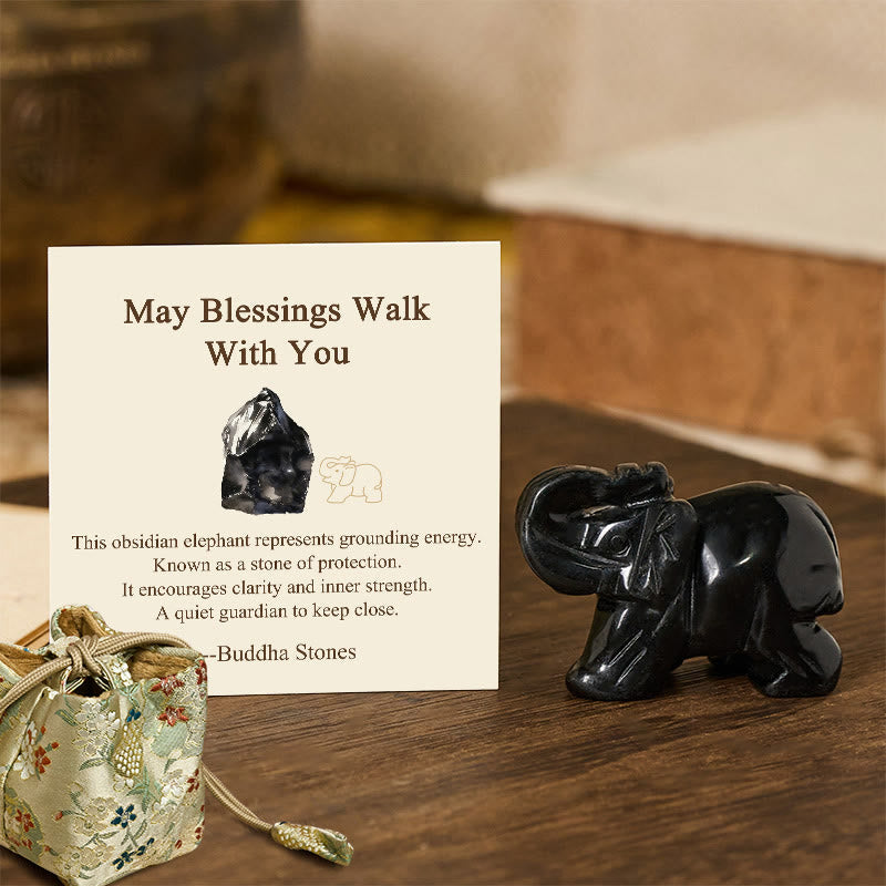 Buddha Stones ''May Blessings Walk With You'' Natural Small Elephant Amazonite Amethyst Jade Black Obsidian Stone Decoration Includes Gift Message Card